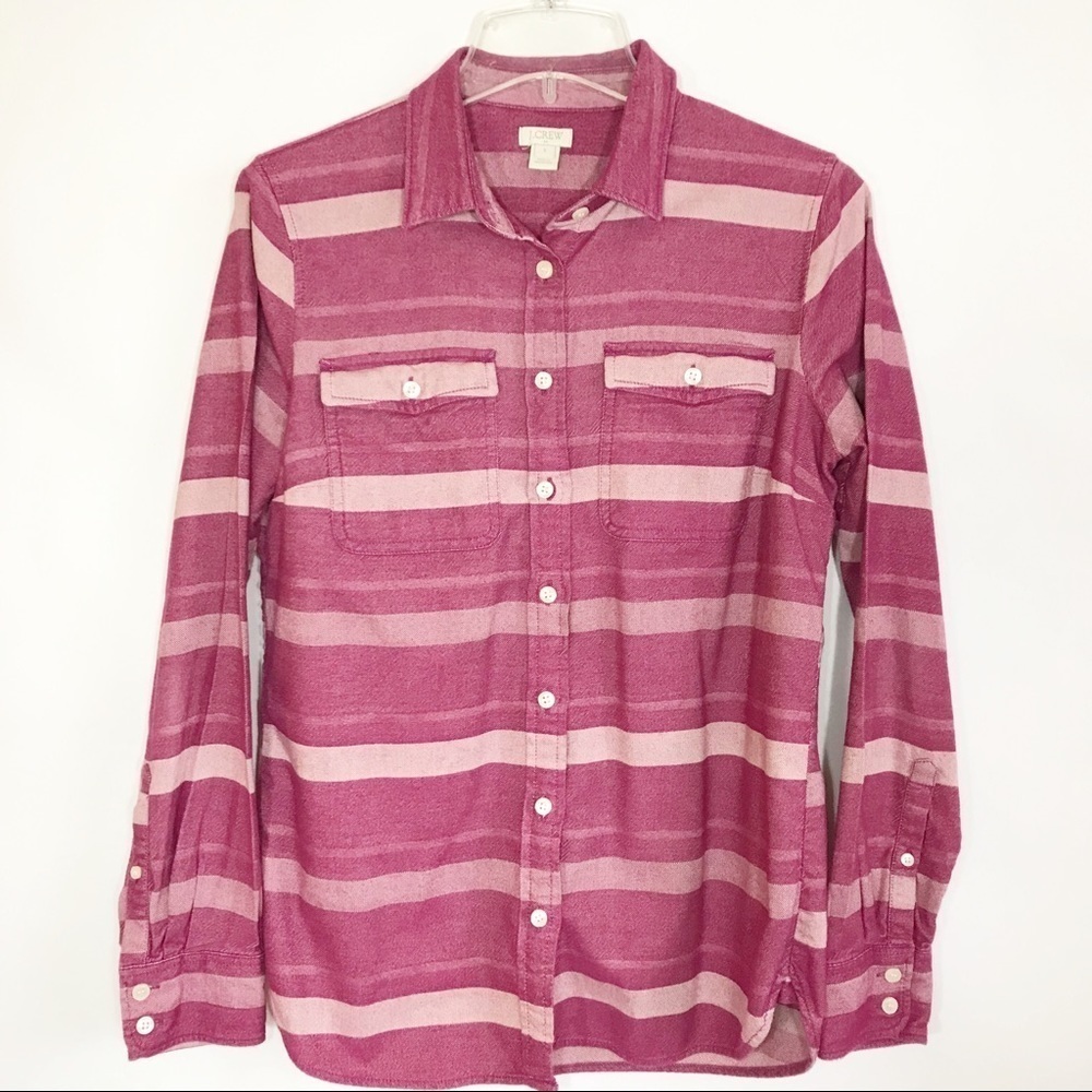 J. Crew Pink Red Striped Heavy Weight Flannel Button Down Shirt Size Small
